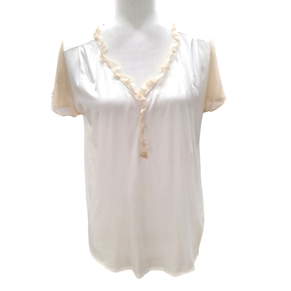 Sundance Catalog White Cream Chiffon Ruffle Trim Short Cap Sleeve Top Tee SzM
